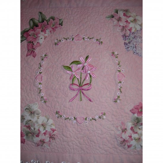 Pink and floral embroidered wall quilt - Click Image to Close